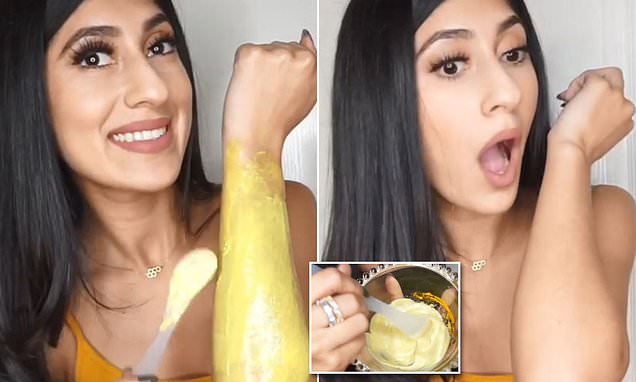 Would YOU dare to try it? Woman goes viral with bizarre DIY hair removal hack that involves covering skin in turmeric and TOOTHPASTE - but experts say it will cause serious irritation