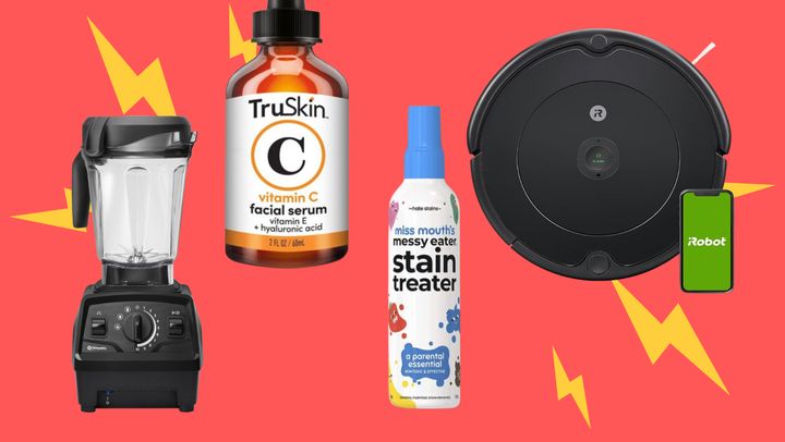 A Vitamix Explorian blender, a TruSkin vitamin C serum, Miss Mouth's Messy Eater stain treater and an iRobot Roomba vacuum.