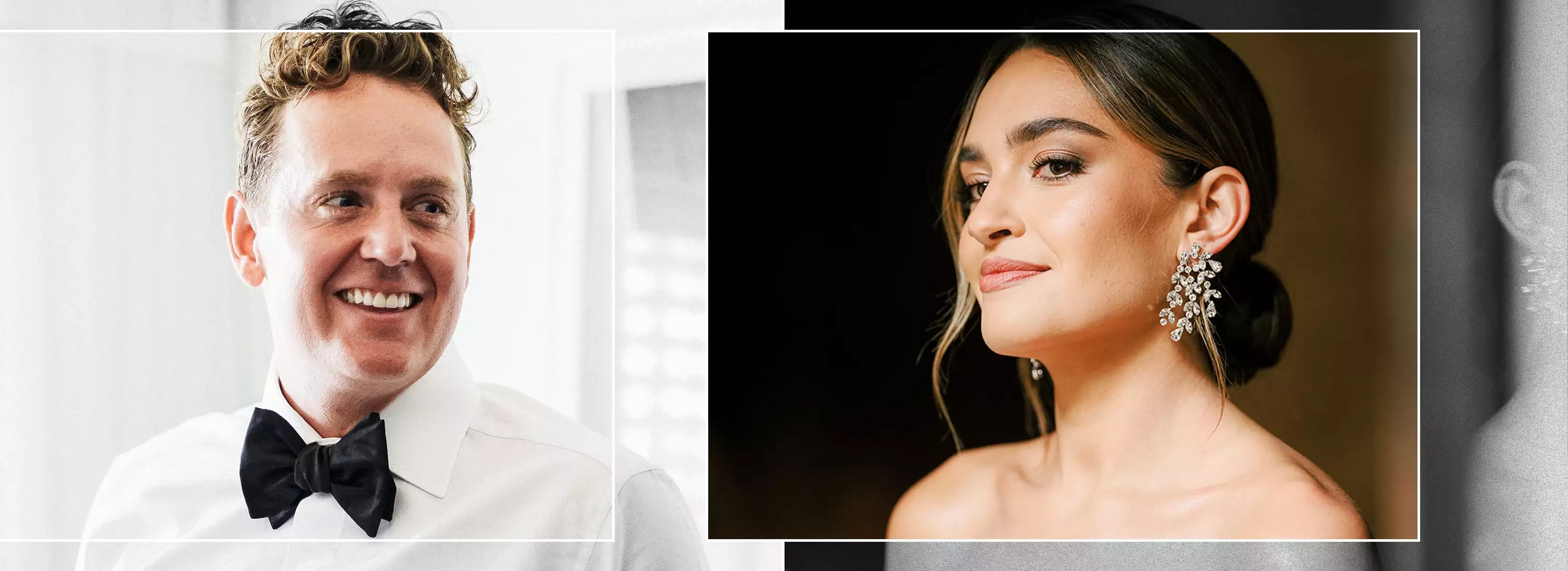 a man smiling while wearing a bowtie; a woman in full glam smirking