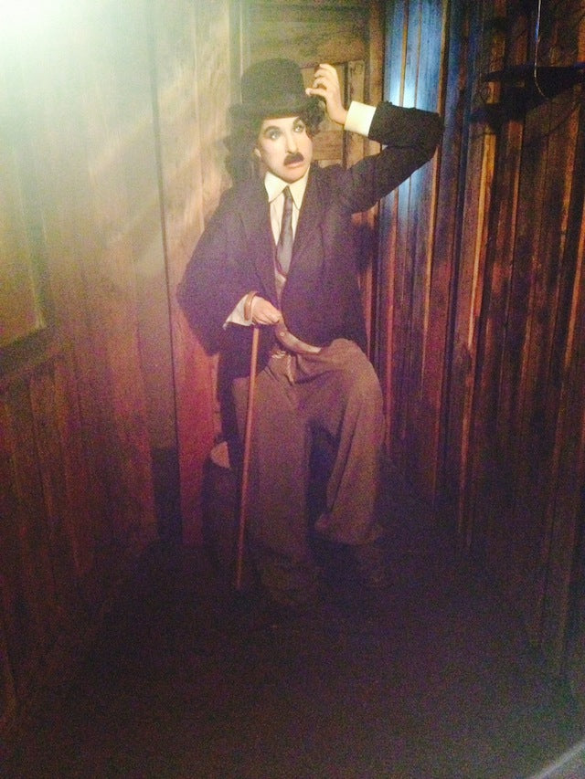 A statue of Charlie Chaplin at the Hollywood Wax Museum (all photos by the author for Hyperallergic)