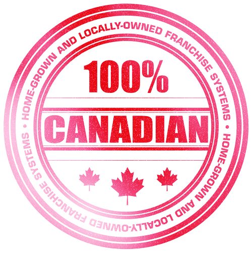 Canadian Franchises Button: Red 100% Canadian stamp on white background