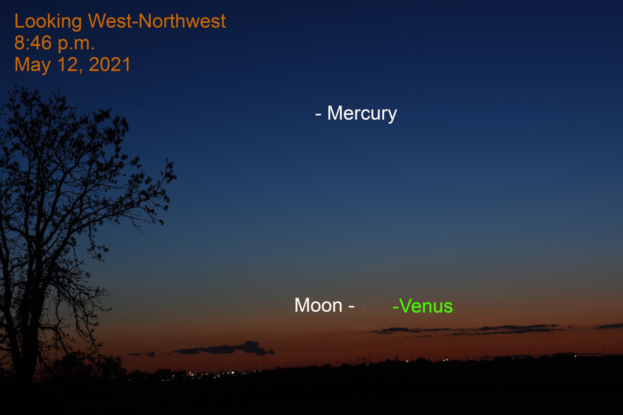 Photo Caption – 2021, May 12: Venus, the crescent moon, and Mercury are in the west-northwest after sunset.