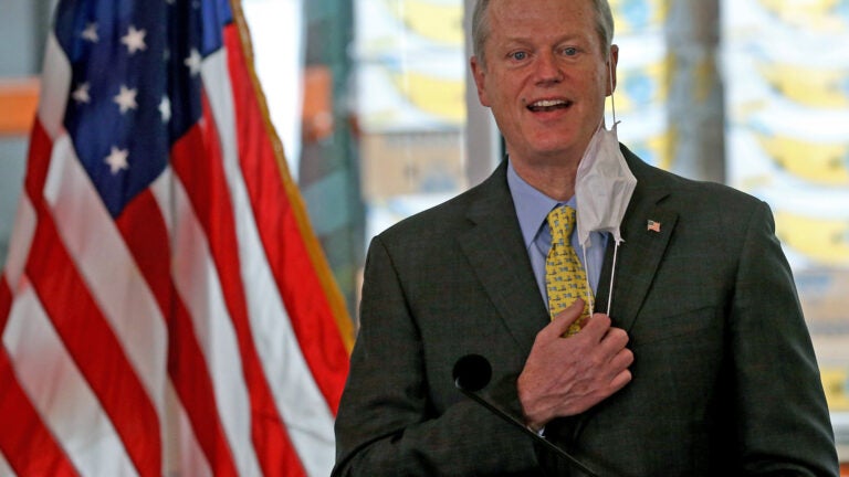 Gov. Charlie Baker after touring the Greater Boston Food Bank last week in Boston. Matt Stone / Pool