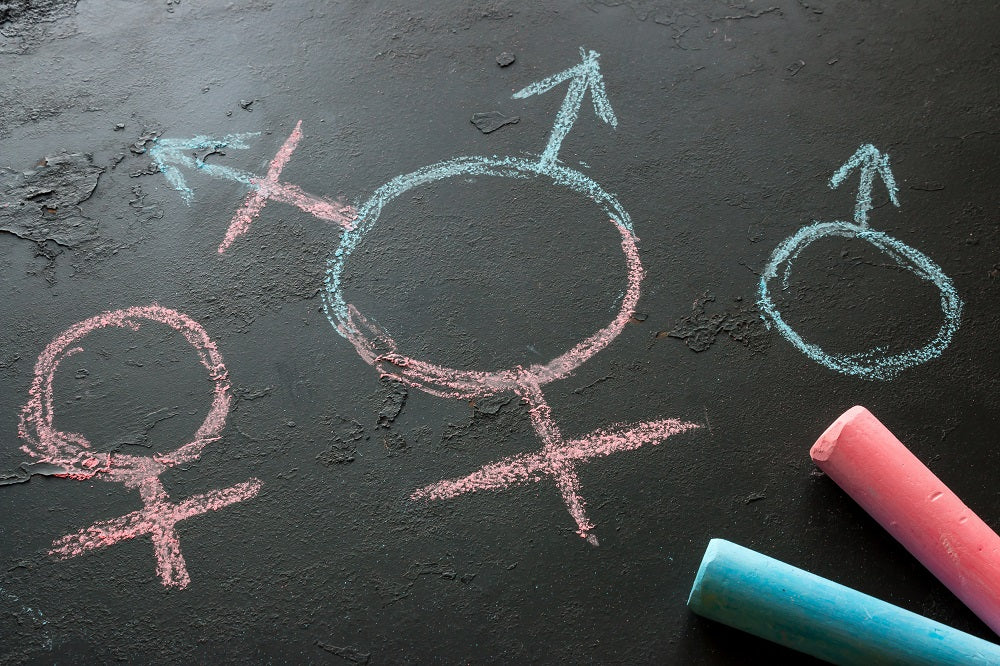 Symbol of a transgender and female and male gender symbols drawn with chalk on a black background