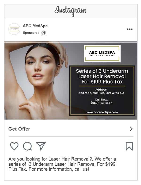 Example of an ad on Instagram for a med spa promoting "underarm laser hair removal"