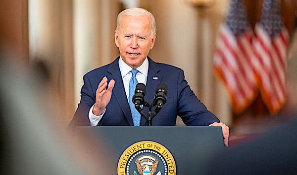 President Joe Biden delivers remarks on ending the war in Afghanistan, Tuesday, Aug. 31, 2021, in front of the Cross Hall of the White House. (Official White House photo by Adam Schultz)