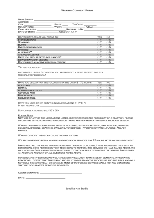 Waxing Consent Form printable pdf download