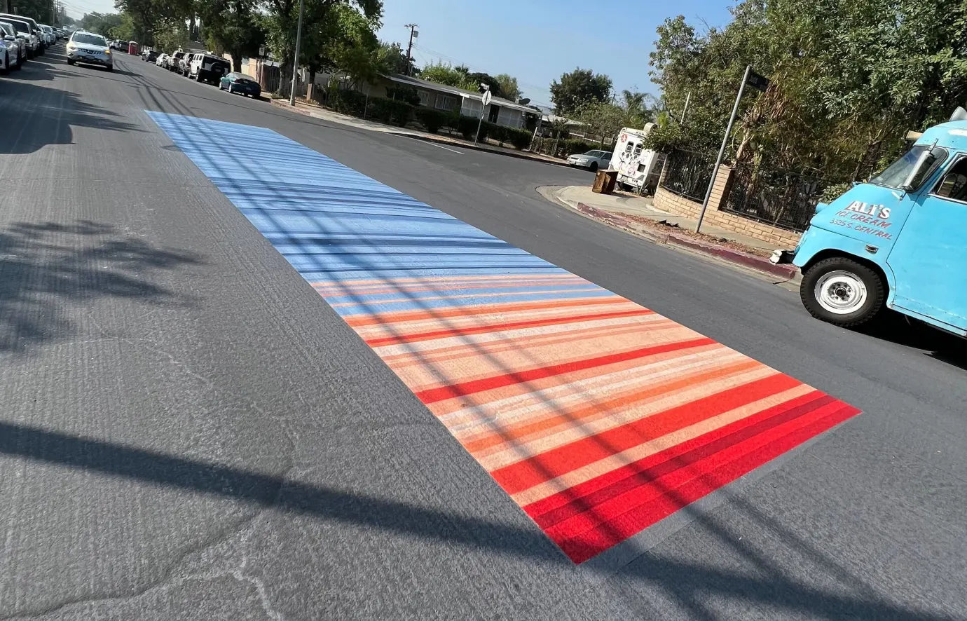 One of the art pieces symbolizing a heat scale near Hubert H. Humphrey Park in Pacoima, where 10 square blocks, a basketball court and elementary school yard have been coated with 