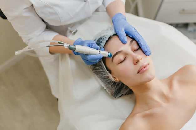 Free Photo | View from above rejuvenation of beautiful woman enjoying cosmetology procedures in beauty salon. dermatology, hands in blue glows, healthcare, therapy, botox