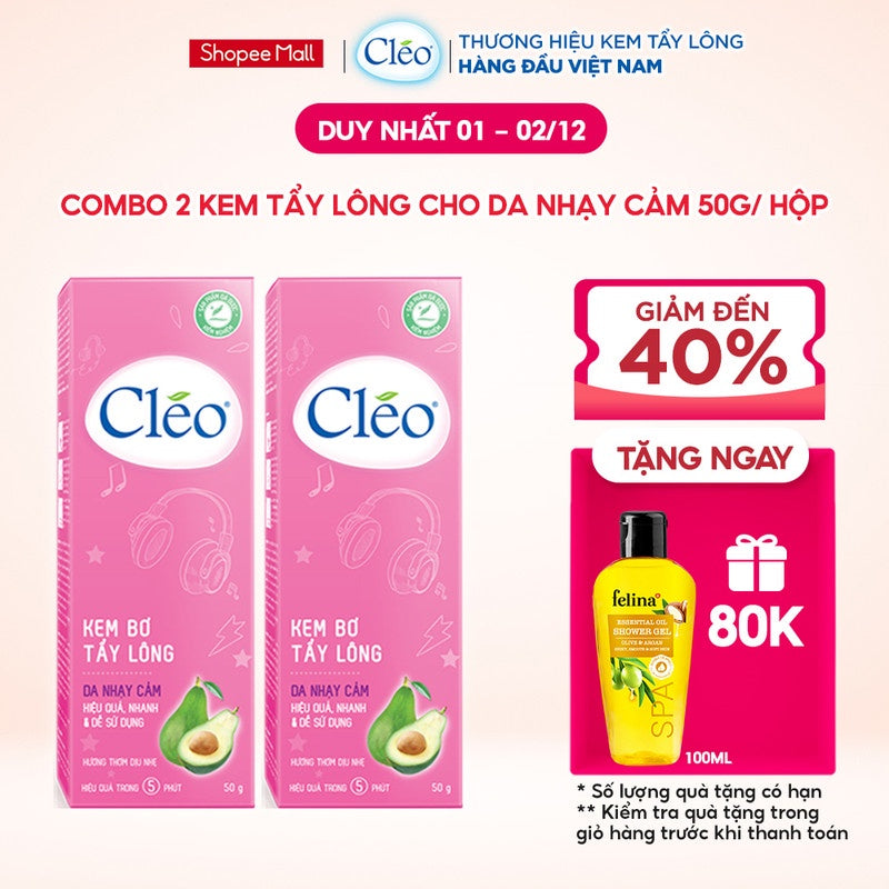 Combo 02 Kem Tẩy Lông Cho Da Nhạy Cảm Cleo Avocado Hair Removal Cream Sensitive Skin 50g